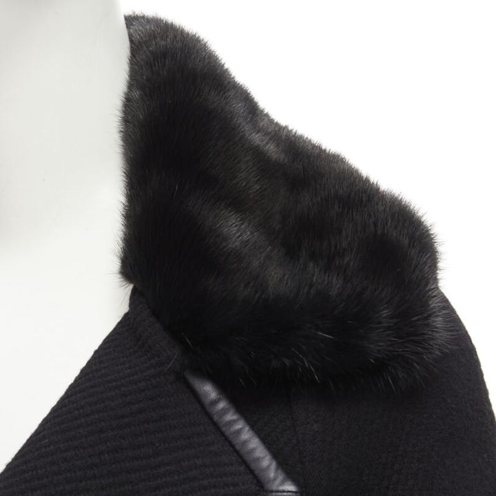 DSQUARED 2013 black mink fur collar leather trim cotton wool jacket S