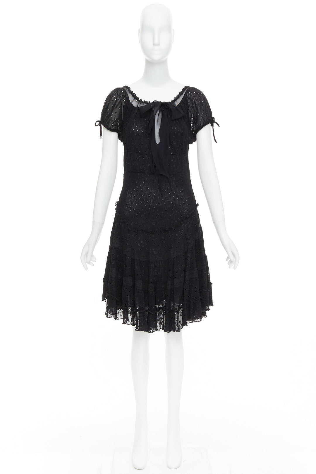 JEAN PAUL GAULTIER MAILLE FEMME Vintage black eyelet ruffle self tie dress M