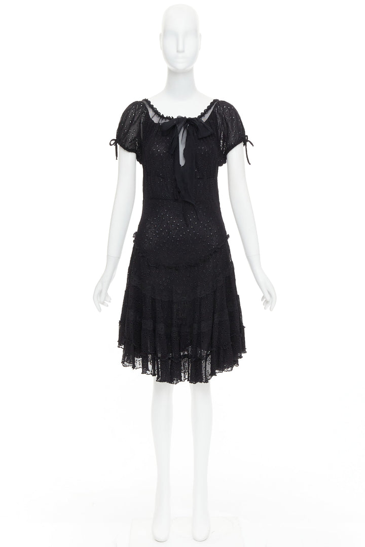 JEAN PAUL GAULTIER MAILLE FEMME Vintage black eyelet ruffle self tie dress M