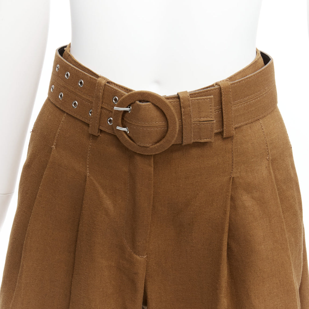 NICHOLAS brown 100% linen high waisted belt wide leg pants US6 M