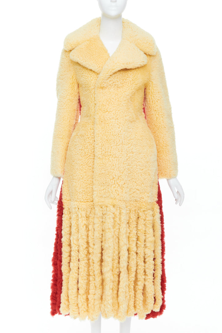 rare BOTTEGA VENETA 2020 Runway yellow red shearling teddy fringe coat IT34 XXS