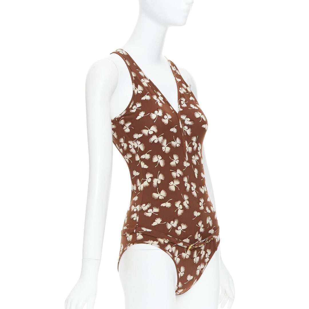 GUCCI Vintage brown cream floral print belted one piece swimsuit