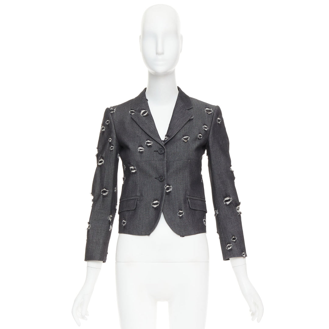 MIU MIU 2009 grey distressed holey cotton crop blazer schoolboy jacket IT38 XS