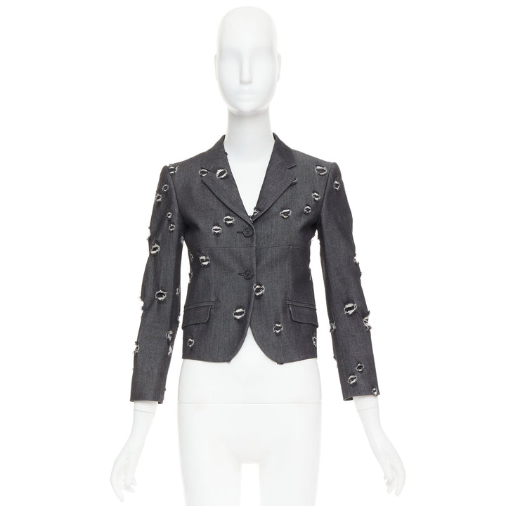 MIU MIU 2009 grey distressed holey cotton crop blazer schoolboy jacket IT38 XS