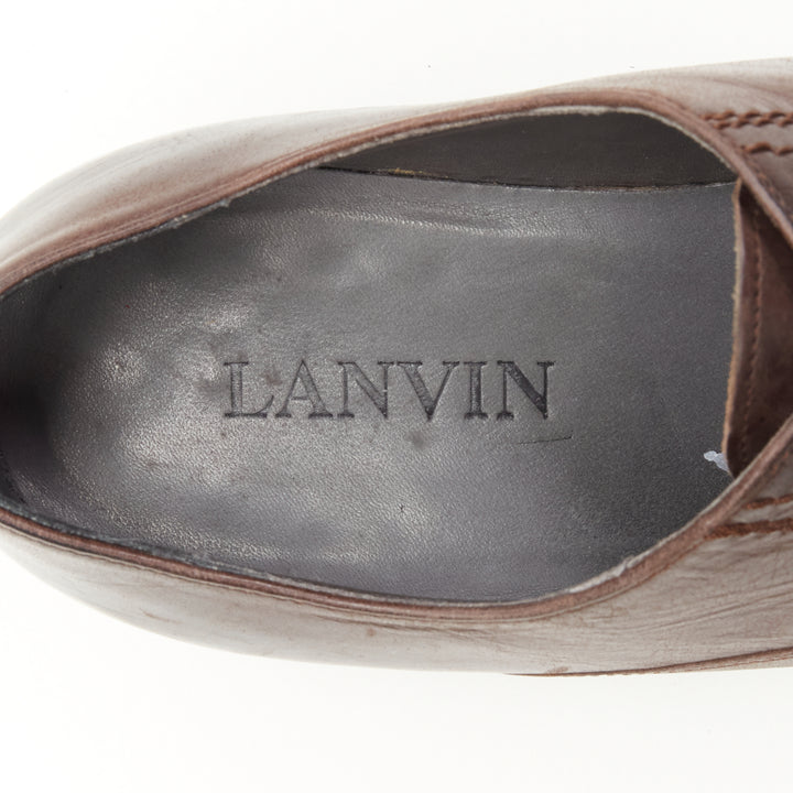 LANVIN brown calfskin lace up distressed scuffed leather dress shoes US8 EU41