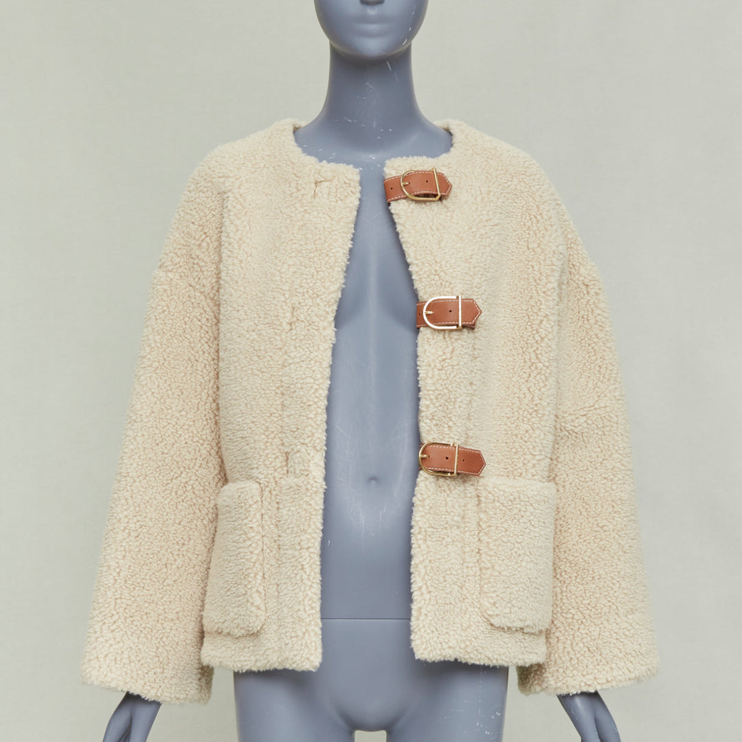 CELINE Teddy ecru cashmere silk brown calfskin leather trim buckled coat FR34 XS
