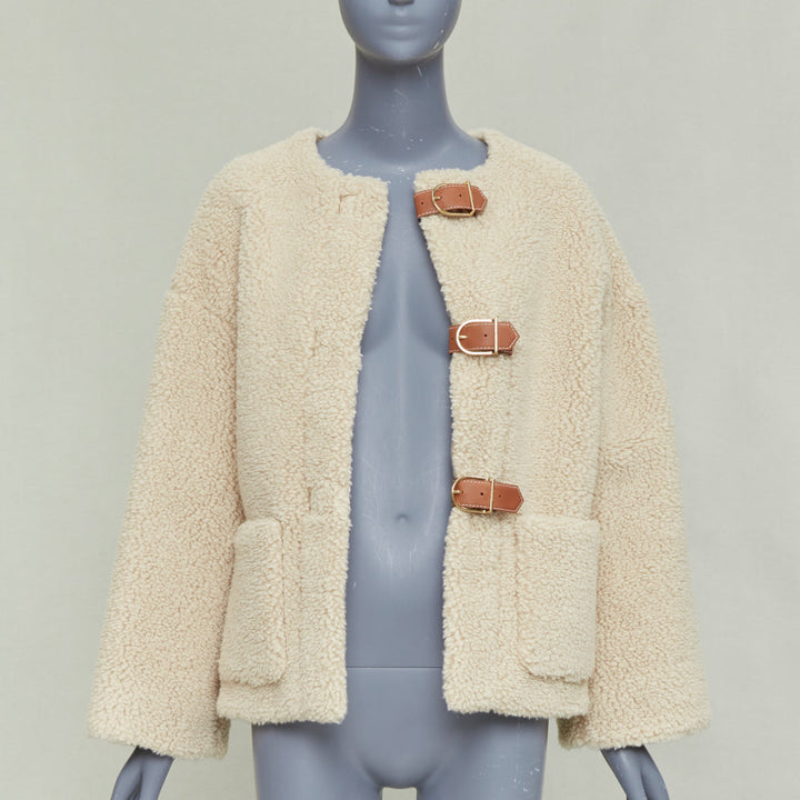 CELINE Teddy ecru cashmere silk brown calfskin leather trim buckled coat FR34 XS