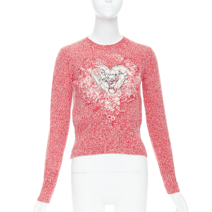 DIOR 2021 Dioramour red cream wool cashmere heart sweater FR36 S