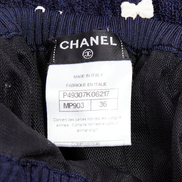 CHANEL 14P Runway navy cream bow applique ribbed waist tulle lined skirt FR36 S