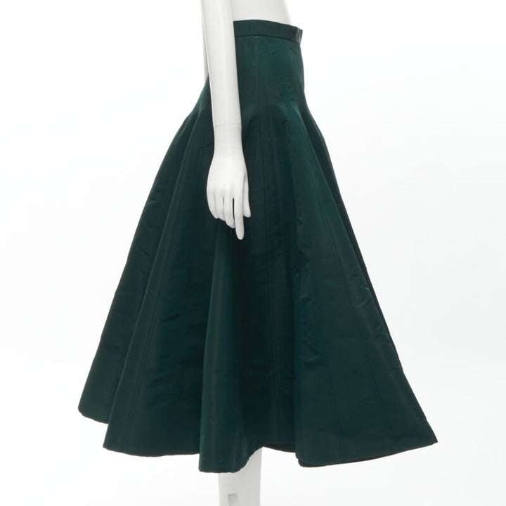 ALEXANDER MCQUEEN green taffeta top stitching panelled flared midi skirt IT36 XS