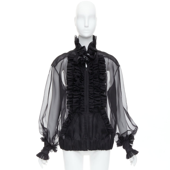 rare CHANEL black sheer silk Victorian ruffle collar zip up bomber jacket