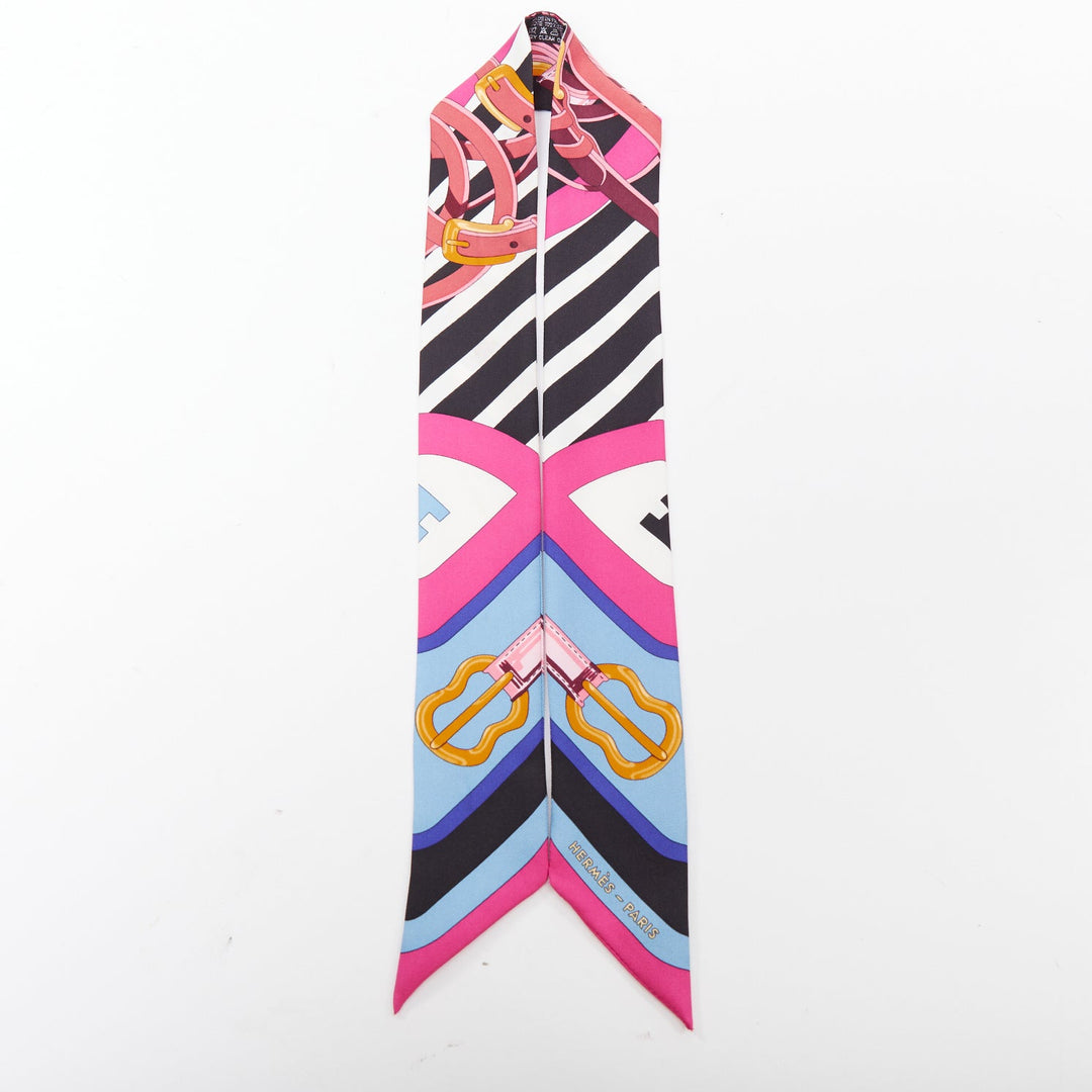 HERMES Coaching  Twilly hot pink blue gold buckles handbag skinny scarf