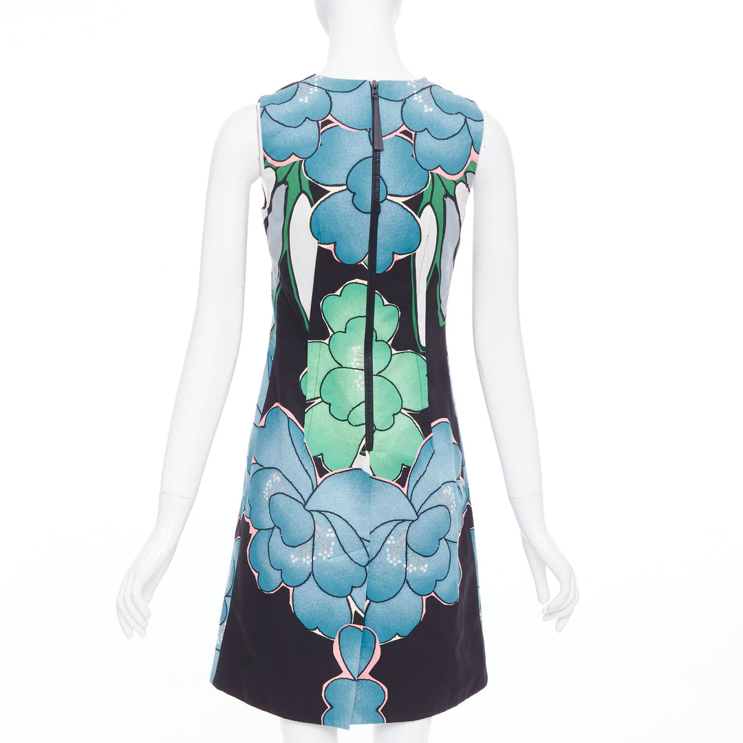 MARNI blue black cotton linen large flower print shift dress IT38 XS