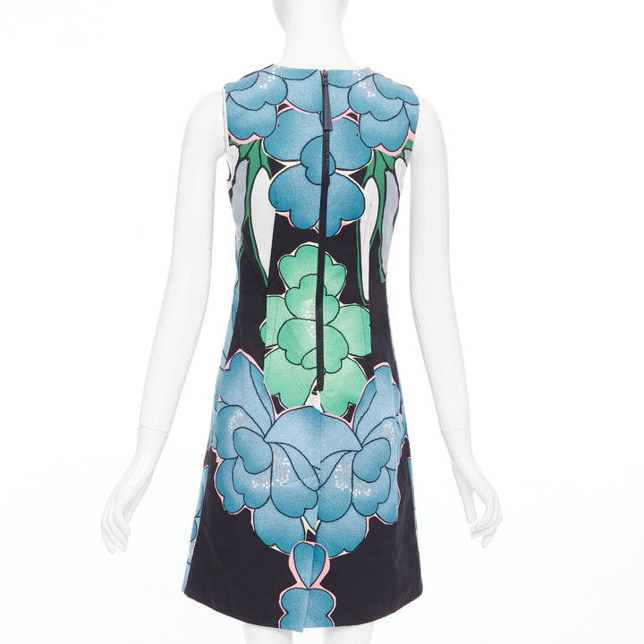 MARNI blue black cotton linen large flower print shift dress IT38 XS