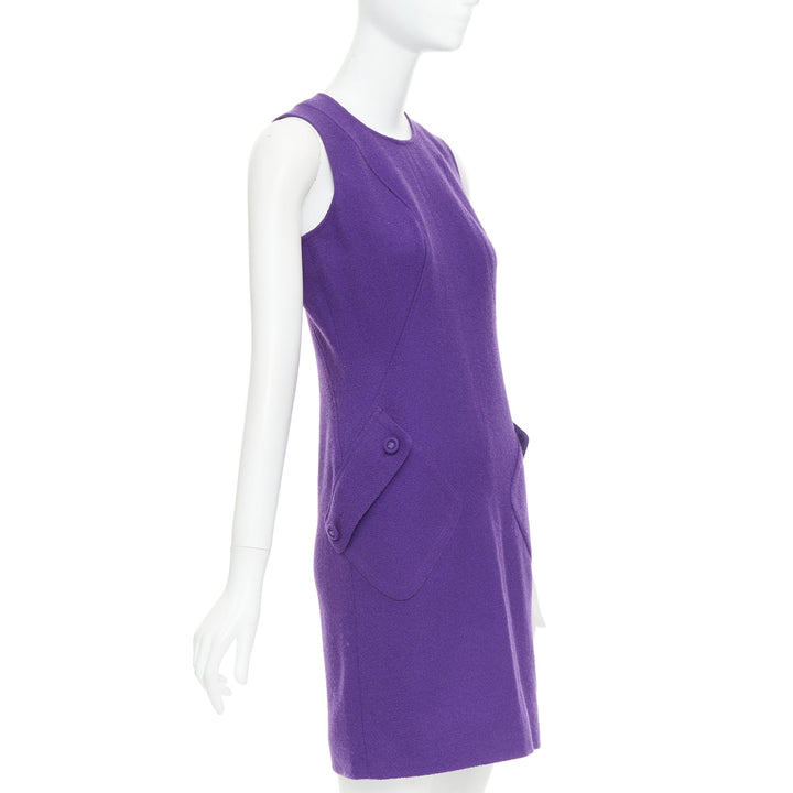 VERSACE purple boucle wool Medusa button slant pocket dress IT38 XS