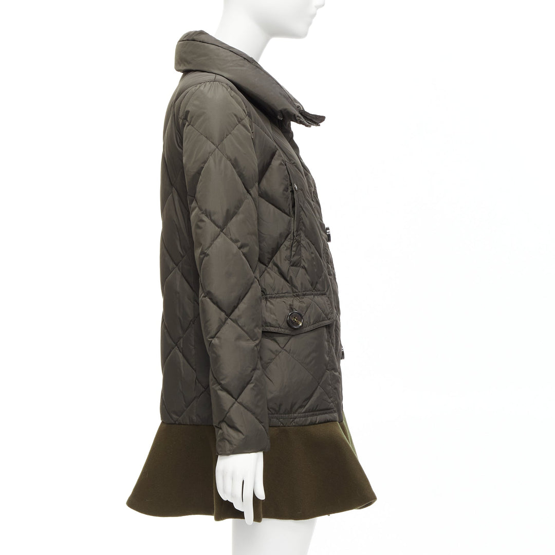 MONCLER Norme Afnor khaki quilted virgin wool blend frill hem coat Sz1 M
