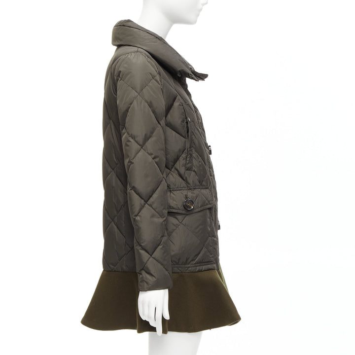 MONCLER Norme Afnor khaki quilted virgin wool blend frill hem coat Sz1 M