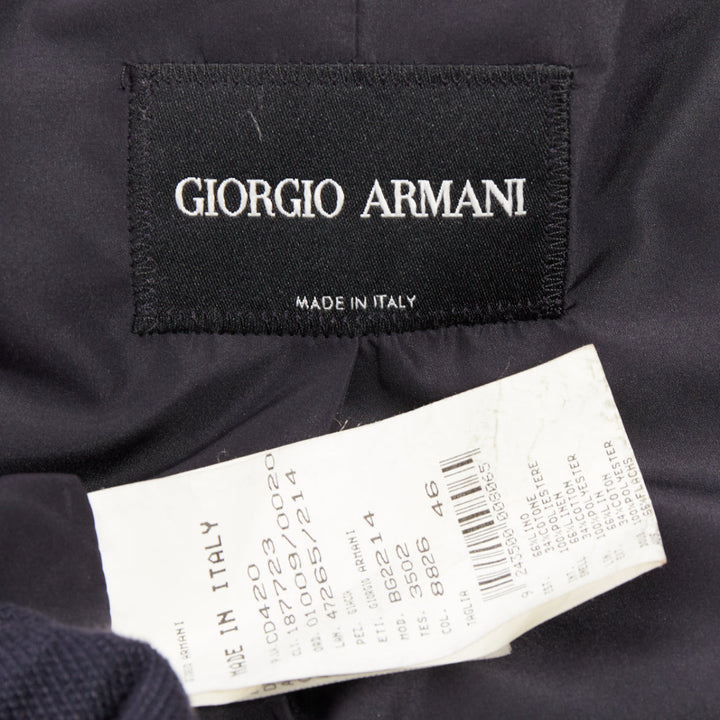 GIORGIO ARMANI navy linen cotton pique flap pockets relaxed blazer IT46 S