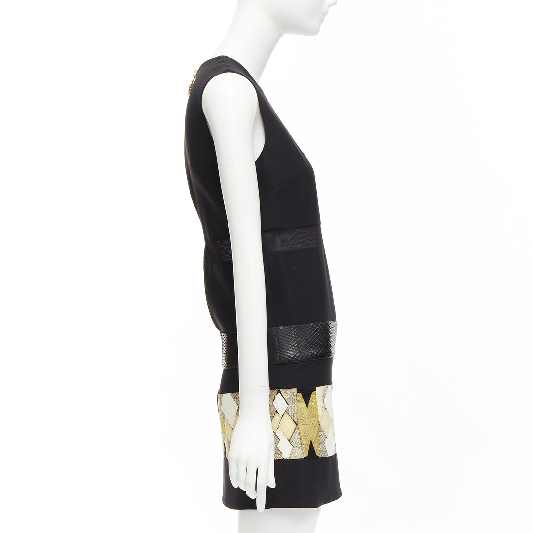 VERSACE 2014 black scaled leather patchwork sheer panel mod mini shift dress