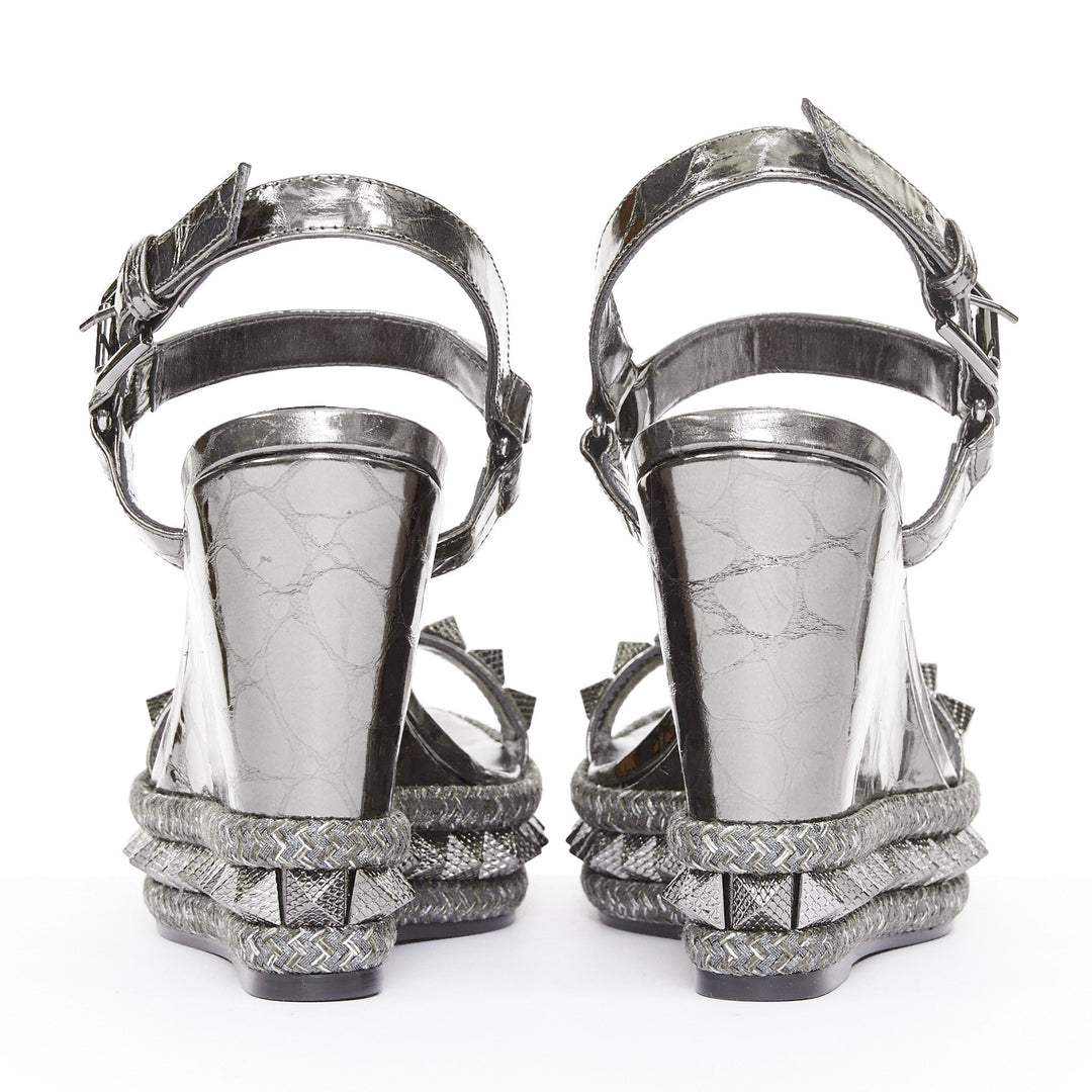 CHRISTIAN LOUBOUTIN Pyraclou 110 Anthracite silver studded espadrille wedge EU37