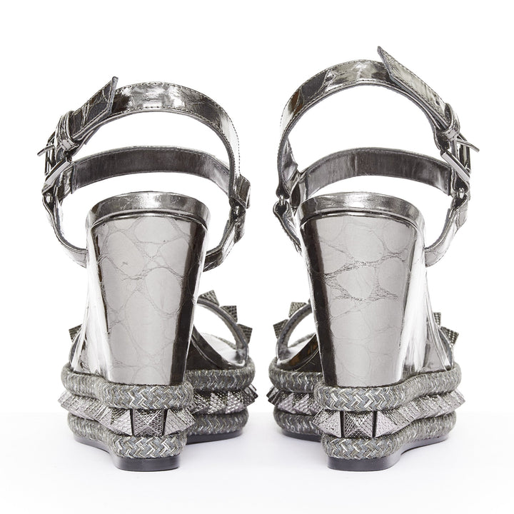 CHRISTIAN LOUBOUTIN Pyraclou 110 Anthracite silver studded espadrille wedge EU37