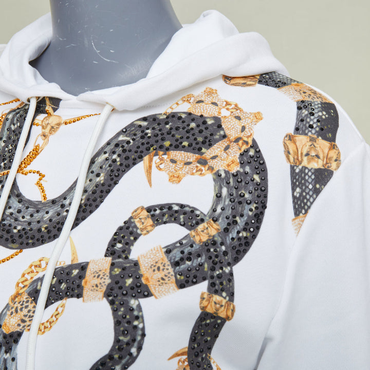 ROBERTO CAVALLI 2022 white cotton crystal embellish snake chain crop hoodie  XS