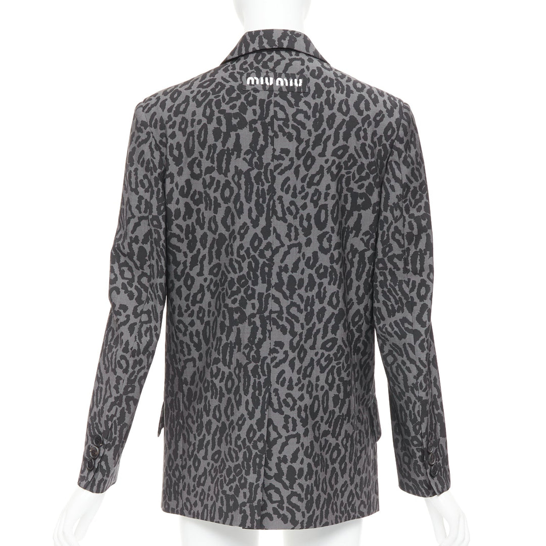 MIU MIU 2019 grey virgin wool mohair leopard logo back blazer jacket IT36 XXS