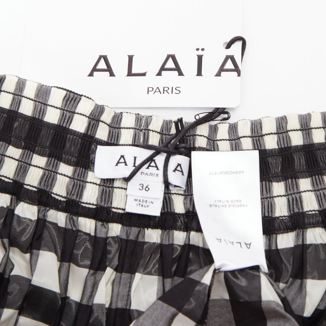 ALAIA black white checked gingham smocked neck asymmetric loose top FR36 S