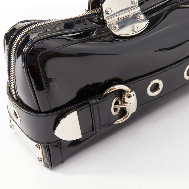 GUCCI 2004 Vintage Tom Ford black patent leather silver buckle grommet bag