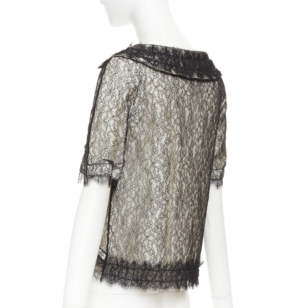 NINA RICCI black lace holographic buttons scallop double breasted blouse IT38 XS