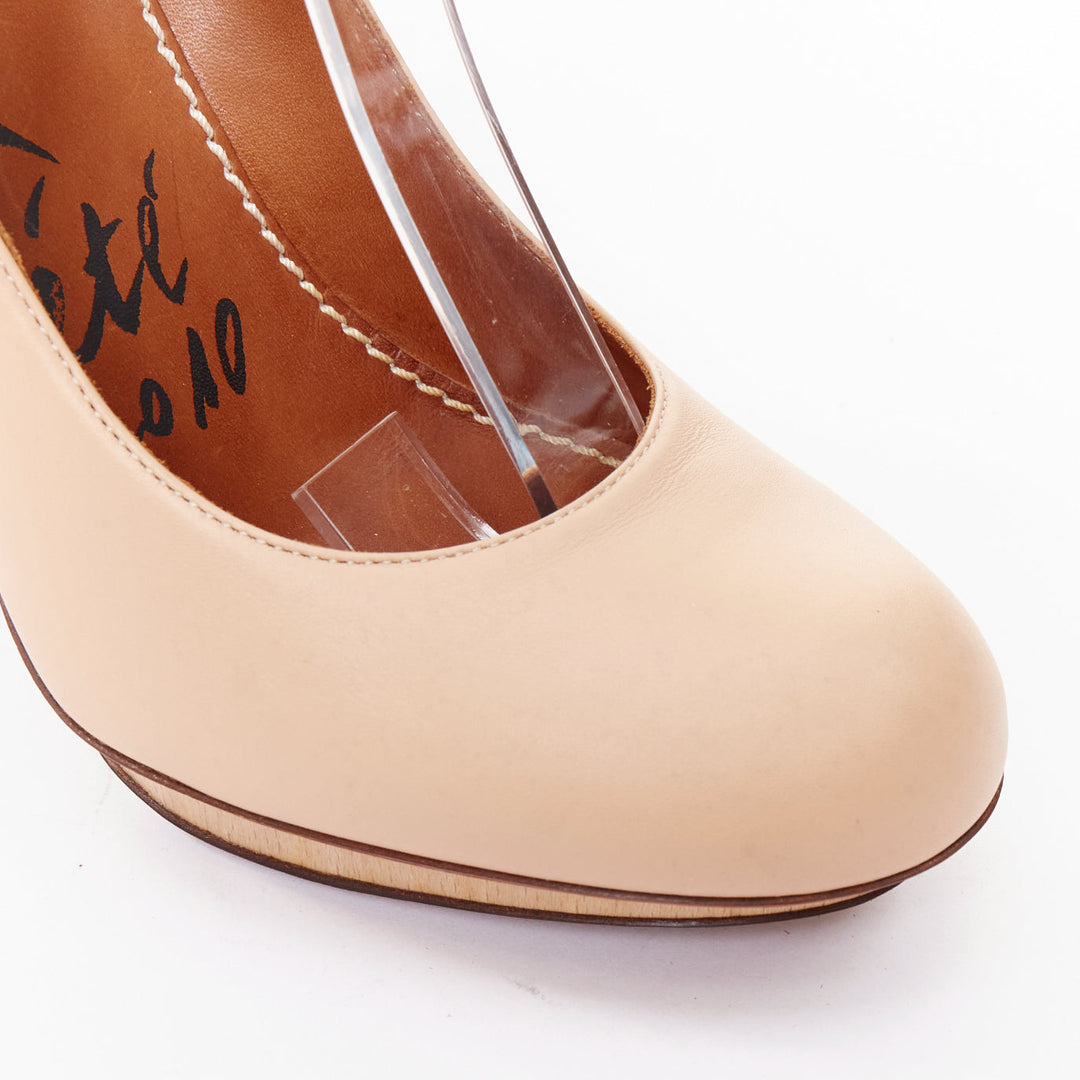 LANVIN 2010 Runway nude leather gold chunky chain wooden platform pumps EU36.5