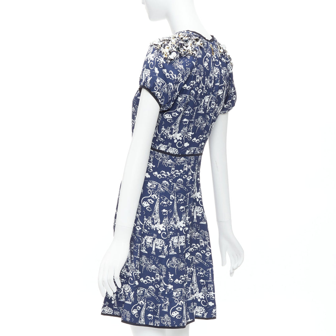 LOUIS VUITTON navy Paris City print embellished neckline dress FR36 S