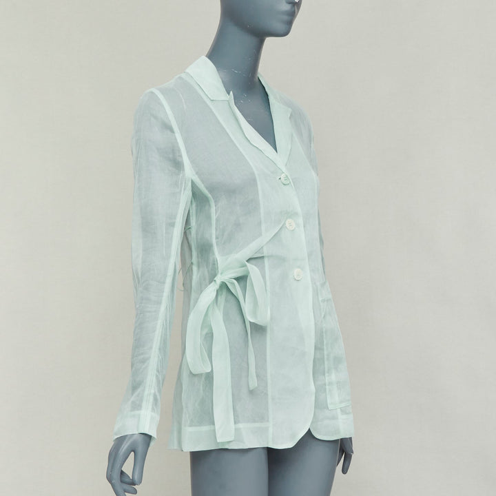 CECILIE BAHNSEN Fisola mint green cotton sheer bow tie waist blazer UK8 S