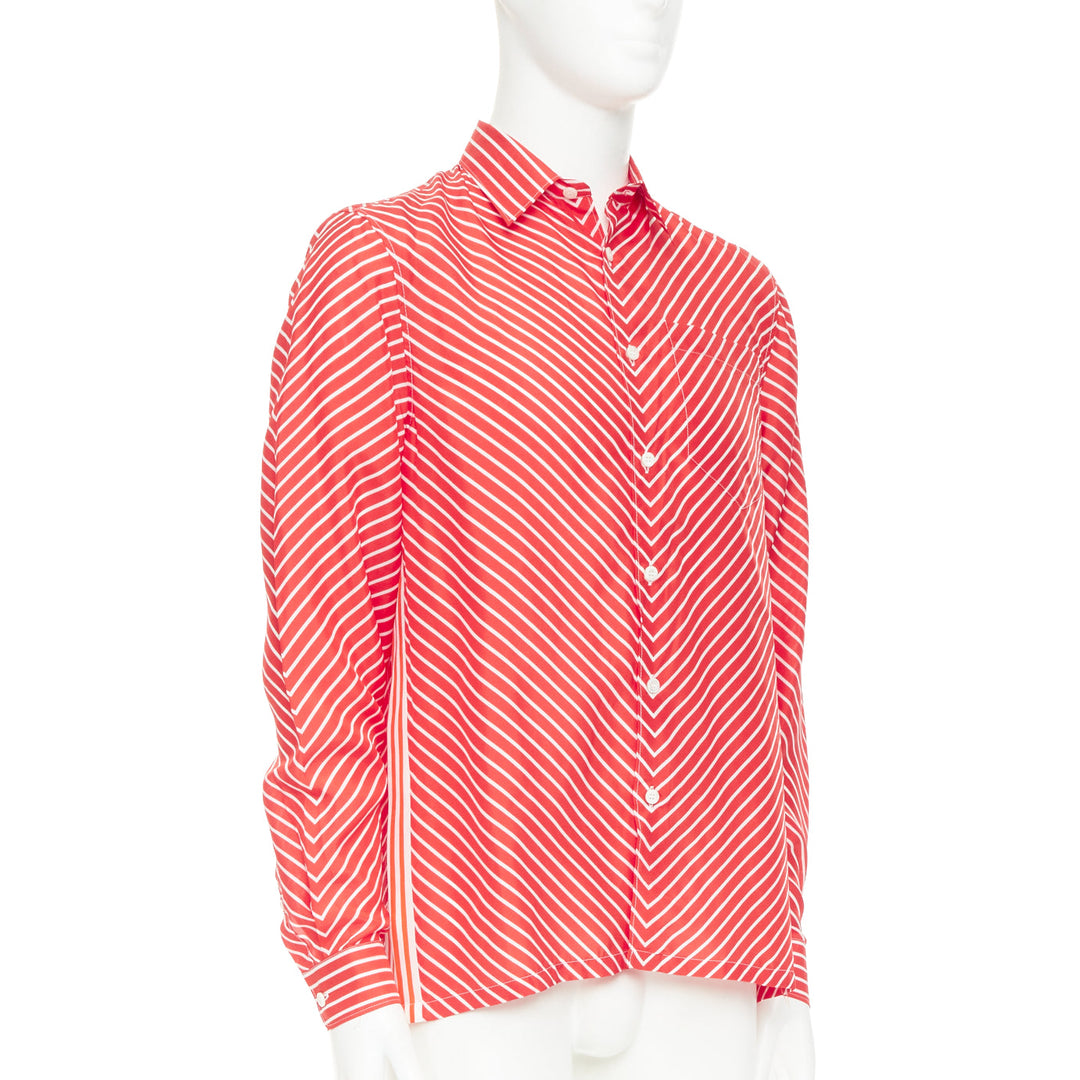 PRADA 2022  100% silk red white diagonal stripe logo back dress shirt EU39 M