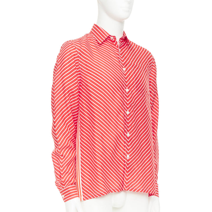 PRADA 2022  100% silk red white diagonal stripe logo back dress shirt EU39 M