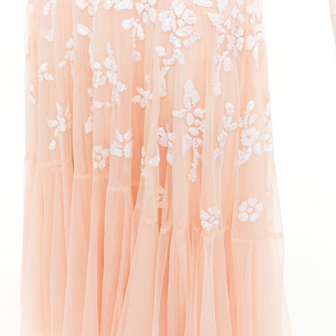 NEEDLE & THREAD Bridal blush pink white sequin ruffle edge midi dress UK8 S