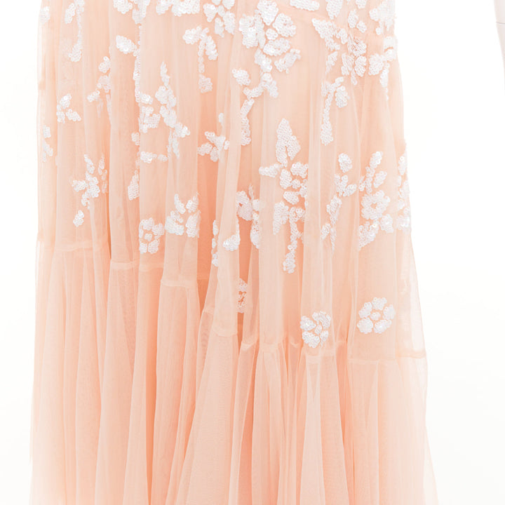 NEEDLE & THREAD Bridal blush pink white sequin ruffle edge midi dress UK8 S