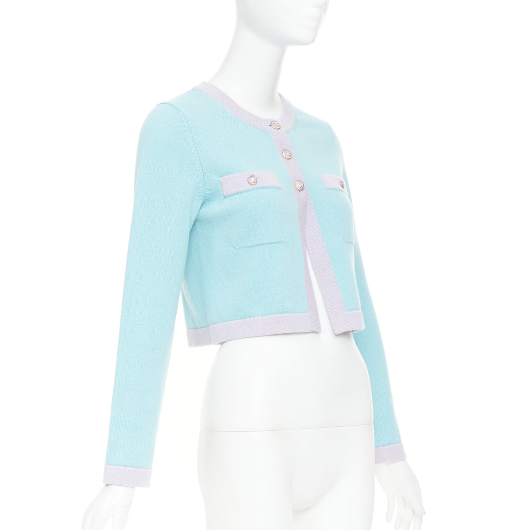 CHANEL 24C 100% cashmere pastel blue contrast trim glitter CC cropped cardigan F