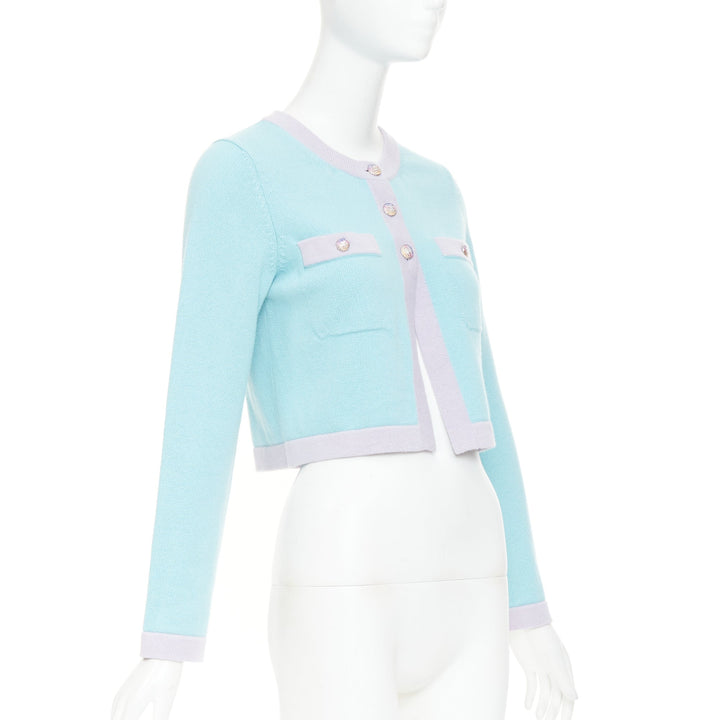 CHANEL 24C 100% cashmere pastel blue contrast trim glitter CC cropped cardigan F