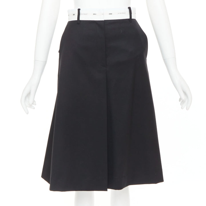 EENK LETTER X black white wool blend logo waist box pleat knee skirt XS