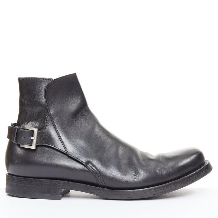 PRADA black calfskin silver rear buckle overlap round  ankle boots UK9.5 EU43.5
