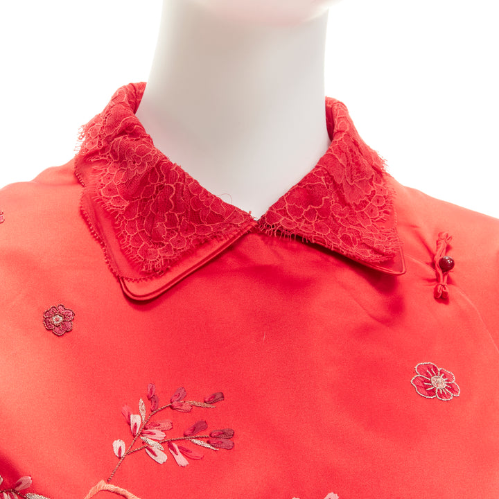 SHIATZY CHEN red silk lace collar floral cloud embroidery qipao top IT44 L