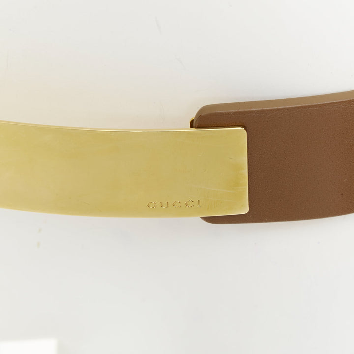 GUCCI 2012 Runway gold metal bar plate brown smooth leather wide waist belt 80cm