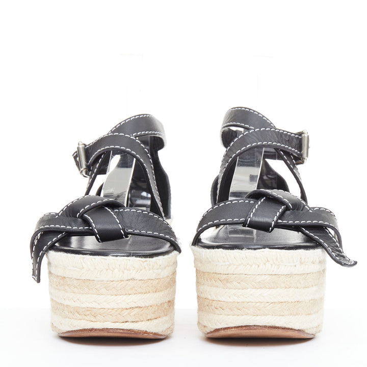 LOEWE Gate black overstitch striped espadrille platform wedge sandal EU40