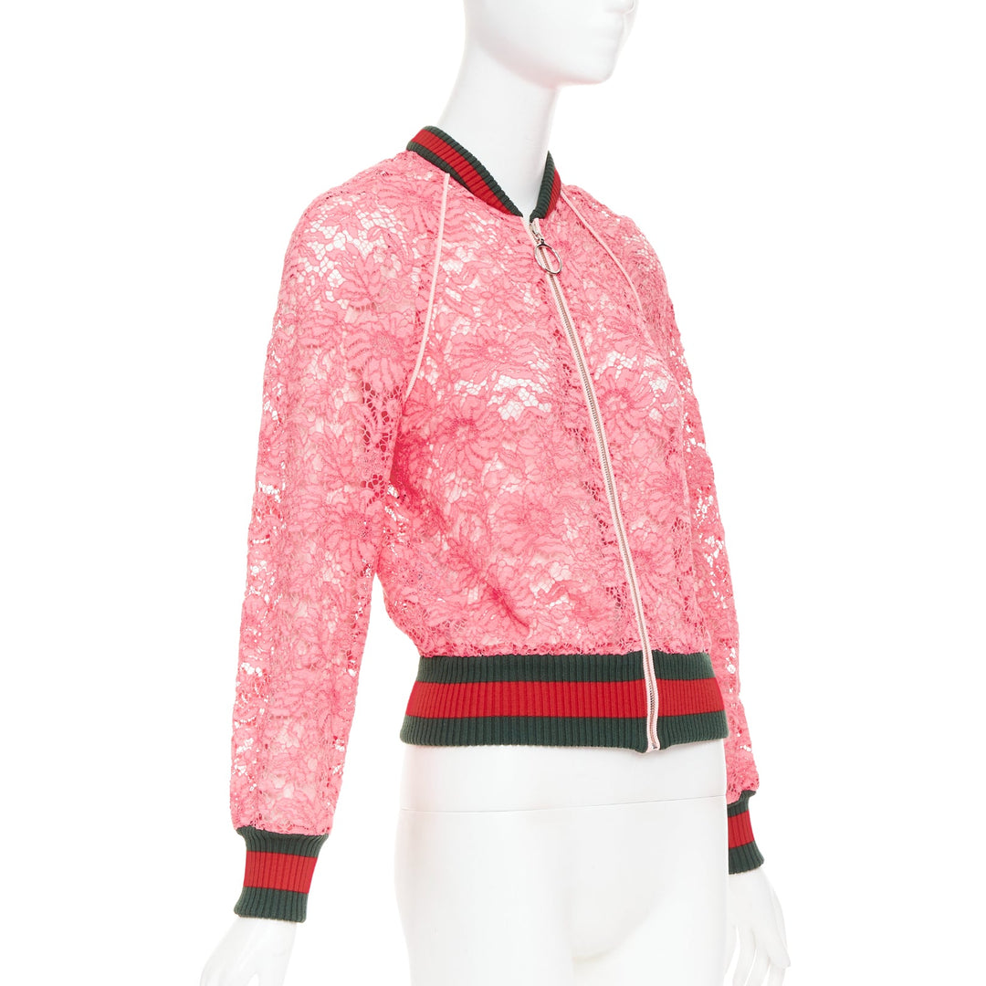 GUCCI 2015 Michele pink floral lace vintage web bomber jacket IT40 S