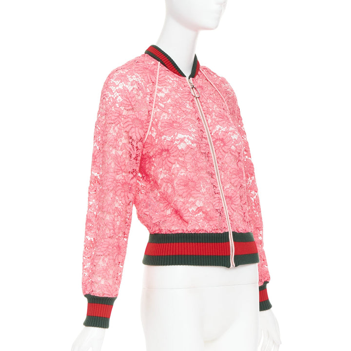 GUCCI 2015 Michele pink floral lace vintage web bomber jacket IT40 S