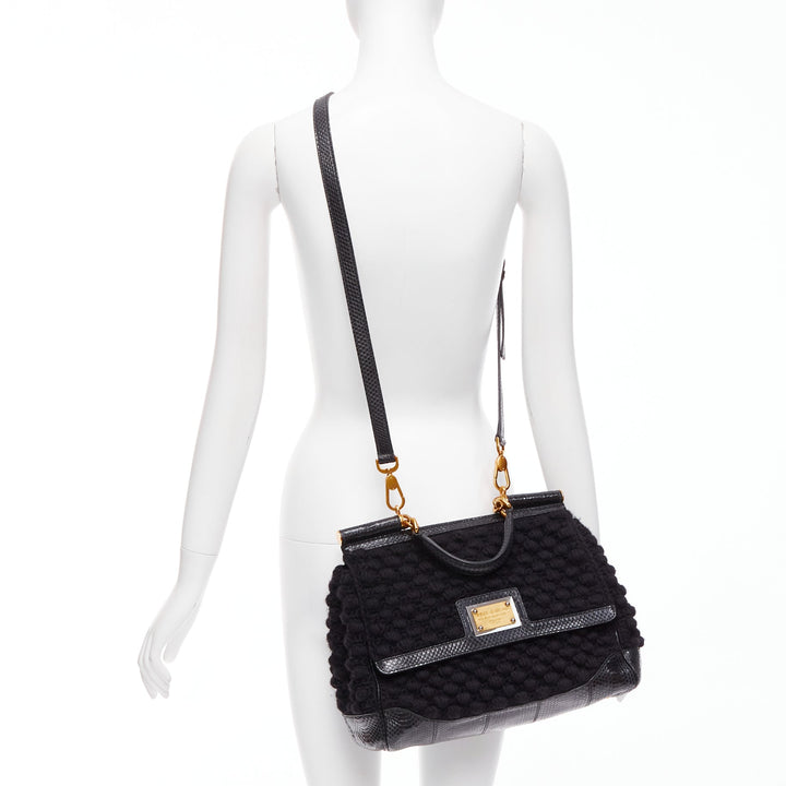 DOLCE GABBANA Miss Sicily black crochet scaled leather trim top handle bag