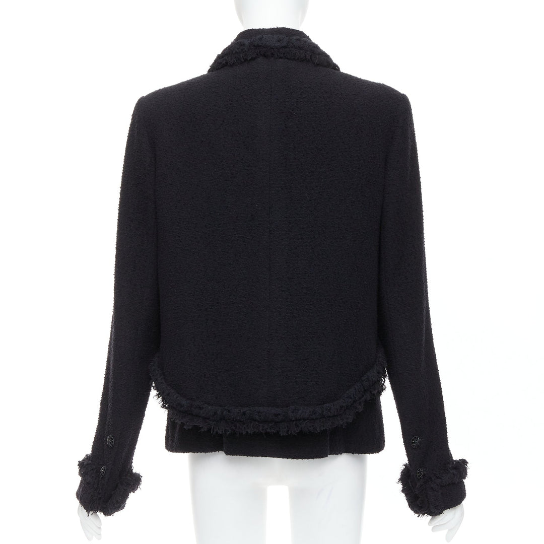 CHANEL 08A Runway black tweed braided fringe tromp loeil 4 pocket jacket FR46