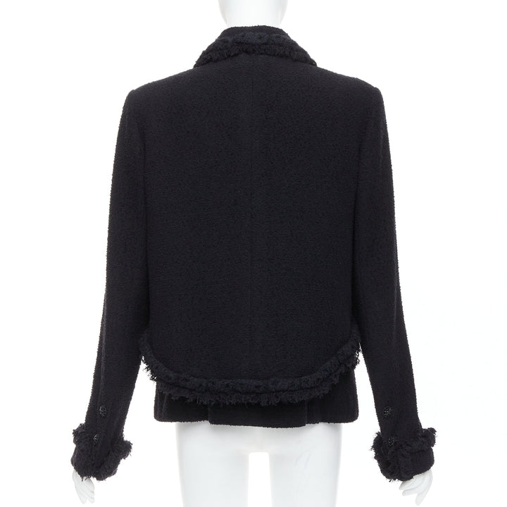 CHANEL 08A Runway black tweed braided fringe tromp loeil 4 pocket jacket FR46