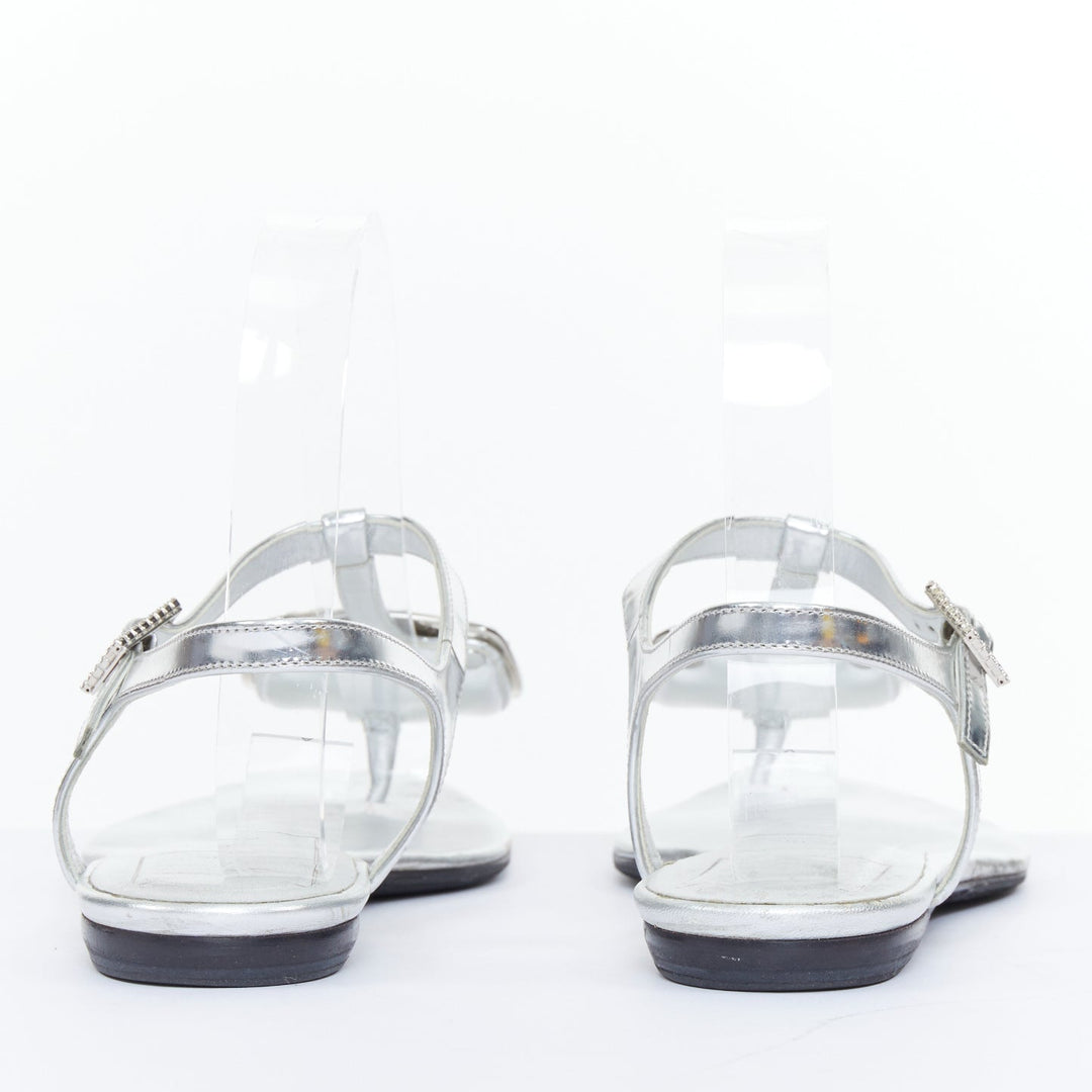 ROGER VIVIER silver crystal buckle metallic leather tstrap sandals EU37